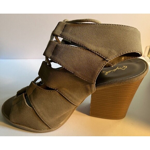 Qupid Women's Gladiator Block Heels Lace Up Peep Toe Ankle Tan Size 8.5 - Picture 3 of 8